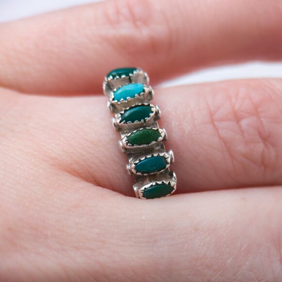 H. Lonjose Zuni Sterling Turquoise Row Ring — Size 7.5 - Picture 7 of 15